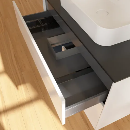 Bild von VILLEROY BOCH Finion Waschbeckenunterschrank, mit Beleuchtung, 2 Auszüge, 1000 x 603 x 501 mm, Glossy White Lacquer / Midnight Blue Matt Lacquer / Glass Black Matt #F362HGGF