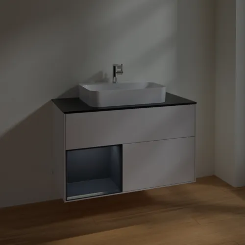 Bild von VILLEROY BOCH Finion Waschbeckenunterschrank, mit Beleuchtung, 2 Auszüge, 1000 x 603 x 501 mm, Glossy White Lacquer / Midnight Blue Matt Lacquer / Glass Black Matt #F362HGGF