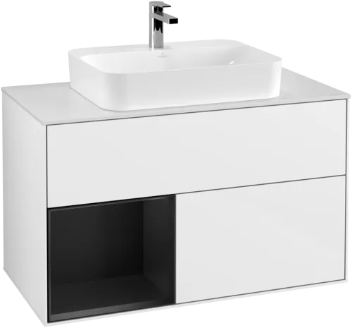 VILLEROY BOCH Finion Vanity unit, with lighting, 2 pull-out compartments, 1000 x 603 x 501 mm, Glossy White Lacquer / Black Matt Lacquer / Glass White Matt #F361PDGF resmi