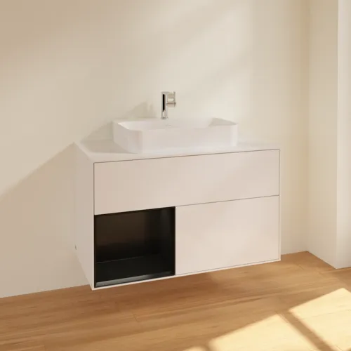 VILLEROY BOCH Finion Waschbeckenunterschrank, mit Beleuchtung, 2 Auszüge, 1000 x 603 x 501 mm, Glossy White Lacquer / Black Matt Lacquer / Glass White Matt #F361PDGF, Bild 2