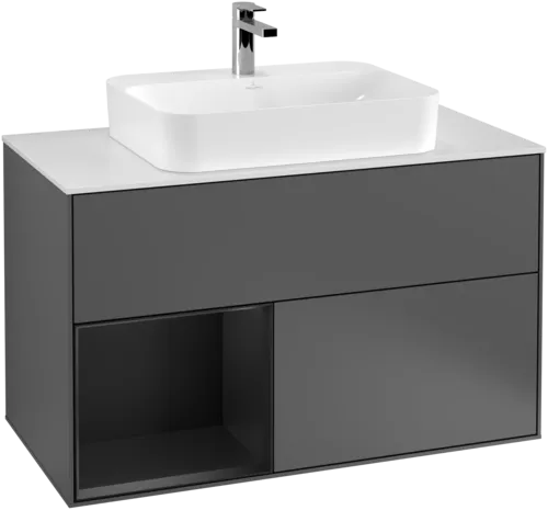 VILLEROY BOCH Finion Vanity unit, with lighting, 2 pull-out compartments, 1000 x 603 x 501 mm, Anthracite Matt Lacquer / Black Matt Lacquer / Glass White Matt #F361PDGK resmi