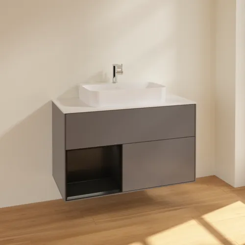 VILLEROY BOCH Finion Waschbeckenunterschrank, mit Beleuchtung, 2 Auszüge, 1000 x 603 x 501 mm, Anthracite Matt Lacquer / Black Matt Lacquer / Glass White Matt #F361PDGK, Bild 2