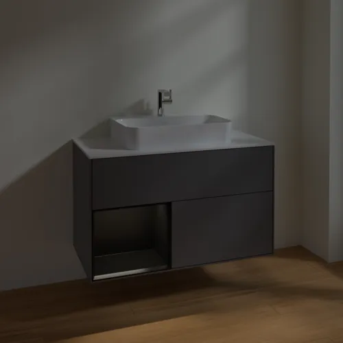 VILLEROY BOCH Finion Waschbeckenunterschrank, mit Beleuchtung, 2 Auszüge, 1000 x 603 x 501 mm, Anthracite Matt Lacquer / Black Matt Lacquer / Glass White Matt #F361PDGK, Bild 5