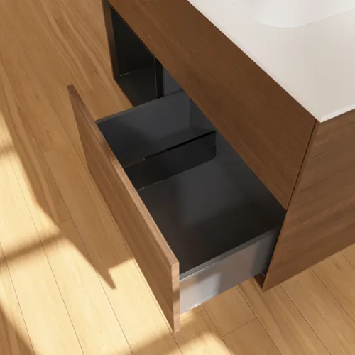 VILLEROY BOCH Finion Waschbeckenunterschrank, mit Beleuchtung, 2 Auszüge, 1000 x 603 x 501 mm, Walnut Veneer / Black Matt Lacquer / Glass White Matt #F361PDGN, Bild 7