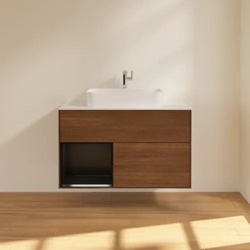 VILLEROY BOCH Finion Waschbeckenunterschrank, mit Beleuchtung, 2 Auszüge, 1000 x 603 x 501 mm, Walnut Veneer / Black Matt Lacquer / Glass White Matt #F361PDGN, Bild 3