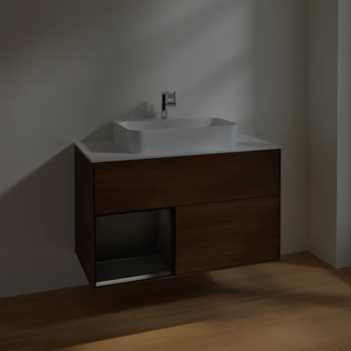 VILLEROY BOCH Finion Waschbeckenunterschrank, mit Beleuchtung, 2 Auszüge, 1000 x 603 x 501 mm, Walnut Veneer / Black Matt Lacquer / Glass White Matt #F361PDGN, Bild 5