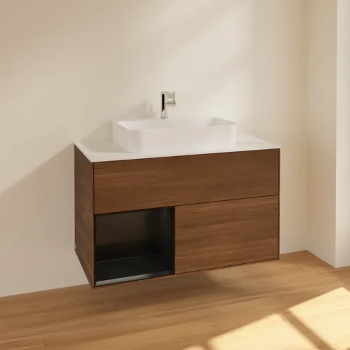 VILLEROY BOCH Finion Waschbeckenunterschrank, mit Beleuchtung, 2 Auszüge, 1000 x 603 x 501 mm, Walnut Veneer / Black Matt Lacquer / Glass White Matt #F361PDGN, Bild 2