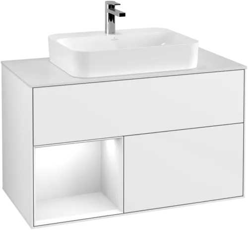 VILLEROY BOCH Finion Vanity unit, with lighting, 2 pull-out compartments, 1000 x 603 x 501 mm, Glossy White Lacquer / Glossy White Lacquer / Glass White Matt #F361GFGF resmi