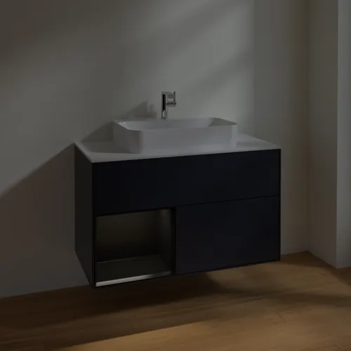 VILLEROY BOCH Finion Waschbeckenunterschrank, mit Beleuchtung, 2 Auszüge, 1000 x 603 x 501 mm, Midnight Blue Matt Lacquer / Black Matt Lacquer / Glass White Matt #F361PDHG, Bild 5