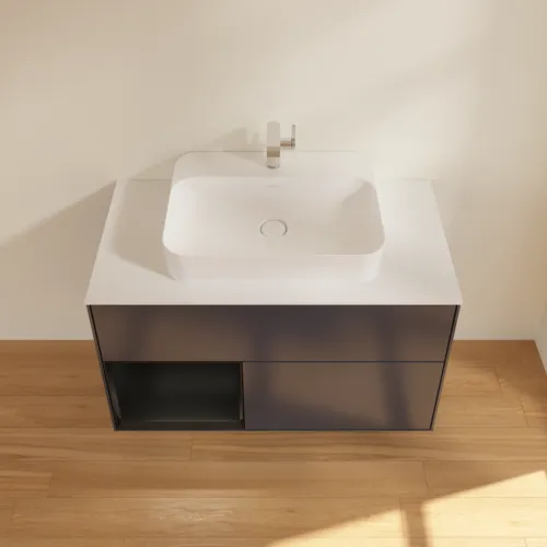 VILLEROY BOCH Finion Waschbeckenunterschrank, mit Beleuchtung, 2 Auszüge, 1000 x 603 x 501 mm, Midnight Blue Matt Lacquer / Black Matt Lacquer / Glass White Matt #F361PDHG, Bild 4