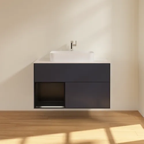 VILLEROY BOCH Finion Waschbeckenunterschrank, mit Beleuchtung, 2 Auszüge, 1000 x 603 x 501 mm, Midnight Blue Matt Lacquer / Black Matt Lacquer / Glass White Matt #F361PDHG, Bild 3