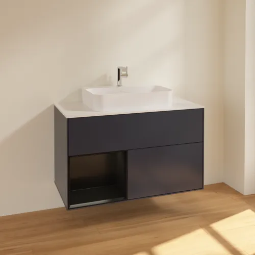 VILLEROY BOCH Finion Waschbeckenunterschrank, mit Beleuchtung, 2 Auszüge, 1000 x 603 x 501 mm, Midnight Blue Matt Lacquer / Black Matt Lacquer / Glass White Matt #F361PDHG, Bild 2