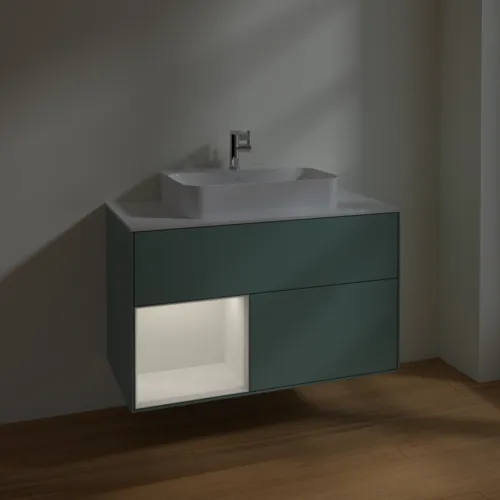 Bild von VILLEROY BOCH Finion Waschbeckenunterschrank, mit Beleuchtung, 2 Auszüge, 1000 x 603 x 501 mm, Olive Matt Lacquer / Glossy White Lacquer / Glass White Matt #F361GFGM
