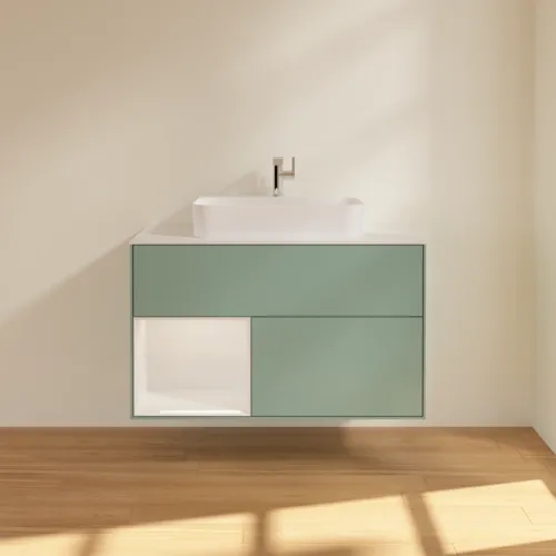 Bild von VILLEROY BOCH Finion Waschbeckenunterschrank, mit Beleuchtung, 2 Auszüge, 1000 x 603 x 501 mm, Olive Matt Lacquer / Glossy White Lacquer / Glass White Matt #F361GFGM