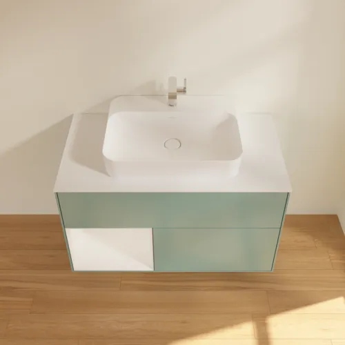 Bild von VILLEROY BOCH Finion Waschbeckenunterschrank, mit Beleuchtung, 2 Auszüge, 1000 x 603 x 501 mm, Olive Matt Lacquer / Glossy White Lacquer / Glass White Matt #F361GFGM