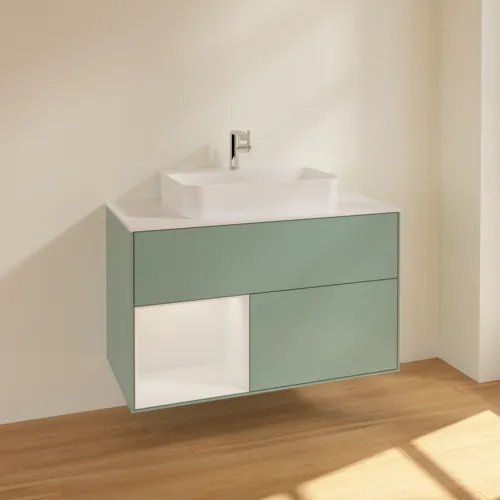 Bild von VILLEROY BOCH Finion Waschbeckenunterschrank, mit Beleuchtung, 2 Auszüge, 1000 x 603 x 501 mm, Olive Matt Lacquer / Glossy White Lacquer / Glass White Matt #F361GFGM