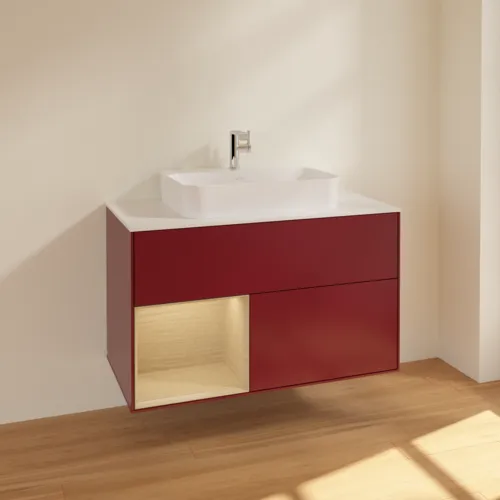 Bild von VILLEROY BOCH Finion Waschbeckenunterschrank, mit Beleuchtung, 2 Auszüge, 1000 x 603 x 501 mm, Peony Matt Lacquer / Oak Veneer / Glass White Matt #F361PCHB
