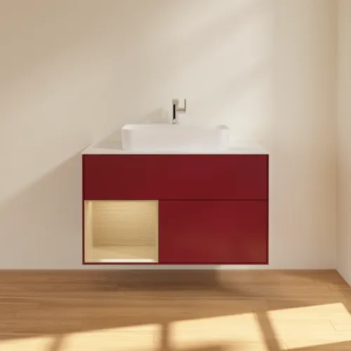 Bild von VILLEROY BOCH Finion Waschbeckenunterschrank, mit Beleuchtung, 2 Auszüge, 1000 x 603 x 501 mm, Peony Matt Lacquer / Oak Veneer / Glass White Matt #F361PCHB