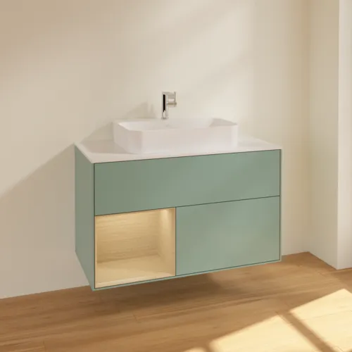 Bild von VILLEROY BOCH Finion Waschbeckenunterschrank, mit Beleuchtung, 2 Auszüge, 1000 x 603 x 501 mm, Olive Matt Lacquer / Oak Veneer / Glass White Matt #F361PCGM