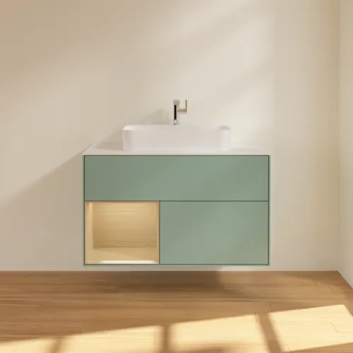 Bild von VILLEROY BOCH Finion Waschbeckenunterschrank, mit Beleuchtung, 2 Auszüge, 1000 x 603 x 501 mm, Olive Matt Lacquer / Oak Veneer / Glass White Matt #F361PCGM