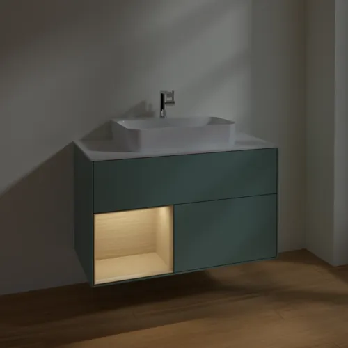 Bild von VILLEROY BOCH Finion Waschbeckenunterschrank, mit Beleuchtung, 2 Auszüge, 1000 x 603 x 501 mm, Olive Matt Lacquer / Oak Veneer / Glass White Matt #F361PCGM