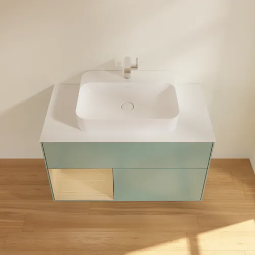 Bild von VILLEROY BOCH Finion Waschbeckenunterschrank, mit Beleuchtung, 2 Auszüge, 1000 x 603 x 501 mm, Olive Matt Lacquer / Oak Veneer / Glass White Matt #F361PCGM