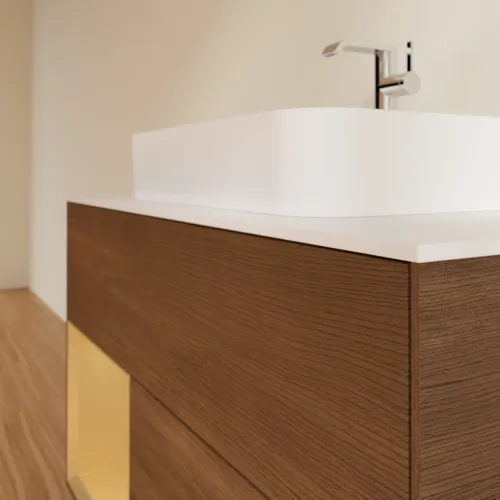 Bild von VILLEROY BOCH Finion Waschbeckenunterschrank, mit Beleuchtung, 2 Auszüge, 1000 x 603 x 501 mm, Walnut Veneer / Gold Matt Lacquer / Glass White Matt #F361HFGN