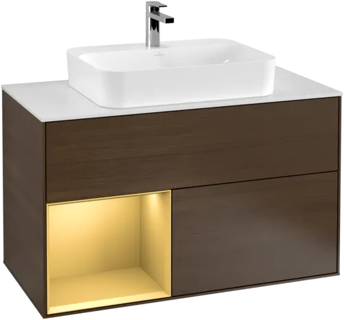 Obrázek VILLEROY BOCH Toaletní stolek Finion, s osvětlením, 2 výsuvy, 1000 x 603 x 501 mm, ořechová dýha / zlatý matný lak / sklo bílé matné #F361HFGN