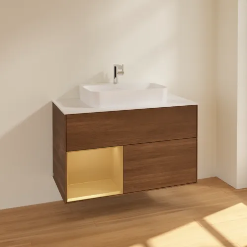 Bild von VILLEROY BOCH Finion Waschbeckenunterschrank, mit Beleuchtung, 2 Auszüge, 1000 x 603 x 501 mm, Walnut Veneer / Gold Matt Lacquer / Glass White Matt #F361HFGN
