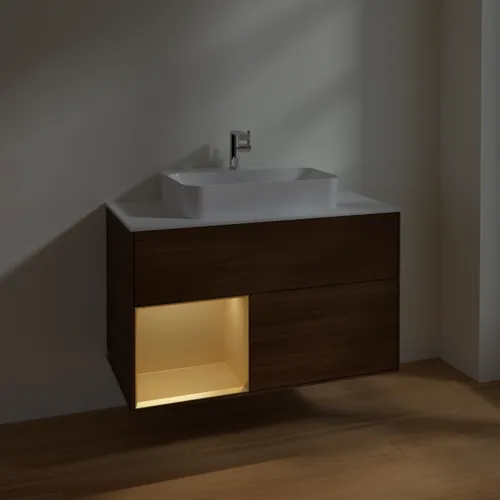 Bild von VILLEROY BOCH Finion Waschbeckenunterschrank, mit Beleuchtung, 2 Auszüge, 1000 x 603 x 501 mm, Walnut Veneer / Gold Matt Lacquer / Glass White Matt #F361HFGN