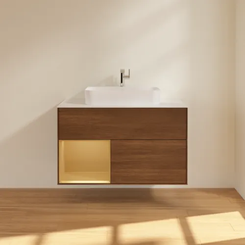 Bild von VILLEROY BOCH Finion Waschbeckenunterschrank, mit Beleuchtung, 2 Auszüge, 1000 x 603 x 501 mm, Walnut Veneer / Gold Matt Lacquer / Glass White Matt #F361HFGN