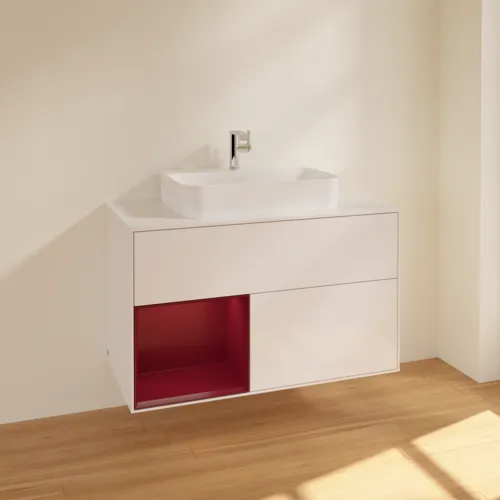 VILLEROY BOCH Finion Waschbeckenunterschrank, mit Beleuchtung, 2 Auszüge, 1000 x 603 x 501 mm, Glossy White Lacquer / Peony Matt Lacquer / Glass White Matt #F361HBGF, Bild 2