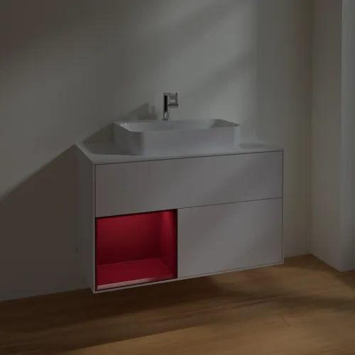 VILLEROY BOCH Finion Waschbeckenunterschrank, mit Beleuchtung, 2 Auszüge, 1000 x 603 x 501 mm, Glossy White Lacquer / Peony Matt Lacquer / Glass White Matt #F361HBGF, Bild 5