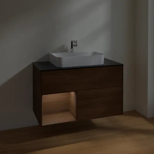 Bild von VILLEROY BOCH Finion Waschbeckenunterschrank, mit Beleuchtung, 2 Auszüge, 1000 x 603 x 501 mm, Walnut Veneer / Walnut Veneer / Glass Black Matt #F362GNGN
