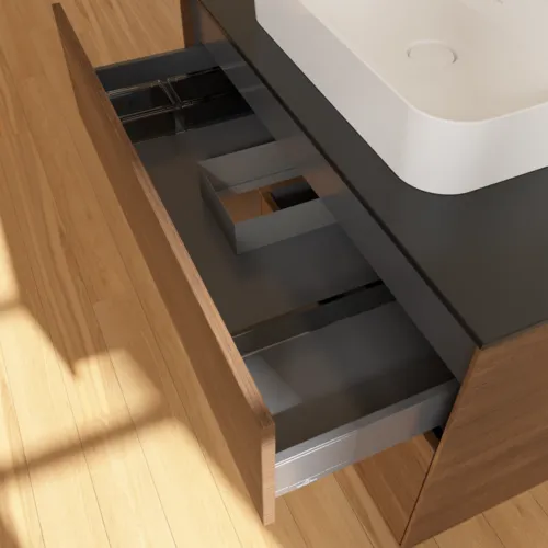Bild von VILLEROY BOCH Finion Waschbeckenunterschrank, mit Beleuchtung, 2 Auszüge, 1000 x 603 x 501 mm, Walnut Veneer / Walnut Veneer / Glass Black Matt #F362GNGN