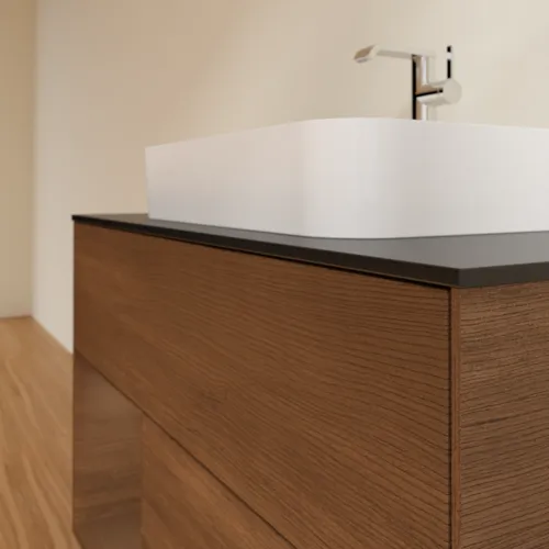 Bild von VILLEROY BOCH Finion Waschbeckenunterschrank, mit Beleuchtung, 2 Auszüge, 1000 x 603 x 501 mm, Walnut Veneer / Walnut Veneer / Glass Black Matt #F362GNGN