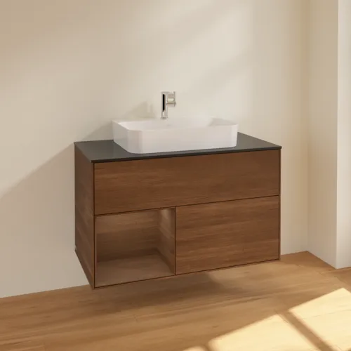 Bild von VILLEROY BOCH Finion Waschbeckenunterschrank, mit Beleuchtung, 2 Auszüge, 1000 x 603 x 501 mm, Walnut Veneer / Walnut Veneer / Glass Black Matt #F362GNGN