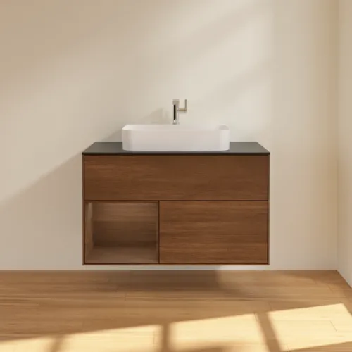 Bild von VILLEROY BOCH Finion Waschbeckenunterschrank, mit Beleuchtung, 2 Auszüge, 1000 x 603 x 501 mm, Walnut Veneer / Walnut Veneer / Glass Black Matt #F362GNGN