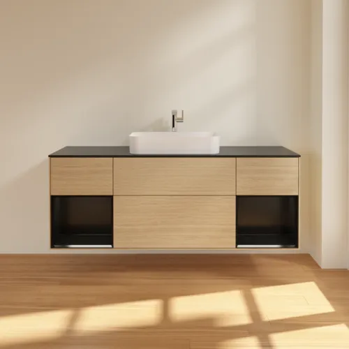 Bild von VILLEROY BOCH Finion Waschbeckenunterschrank, mit Beleuchtung, 4 Auszüge, 1600 x 603 x 501 mm, Oak Veneer / Black Matt Lacquer / Glass Black Matt #F332PDPC