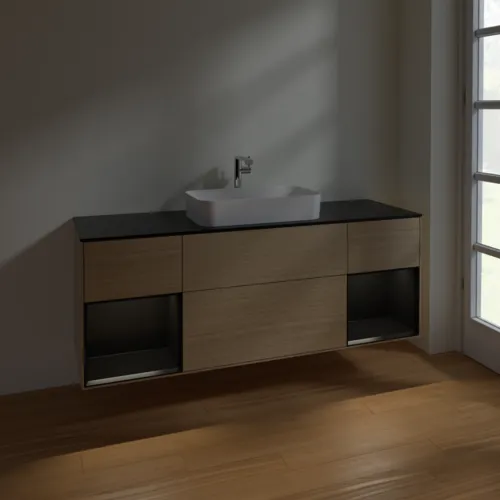 Bild von VILLEROY BOCH Finion Waschbeckenunterschrank, mit Beleuchtung, 4 Auszüge, 1600 x 603 x 501 mm, Oak Veneer / Black Matt Lacquer / Glass Black Matt #F332PDPC