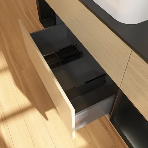 Bild von VILLEROY BOCH Finion Waschbeckenunterschrank, mit Beleuchtung, 4 Auszüge, 1600 x 603 x 501 mm, Oak Veneer / Black Matt Lacquer / Glass Black Matt #F332PDPC