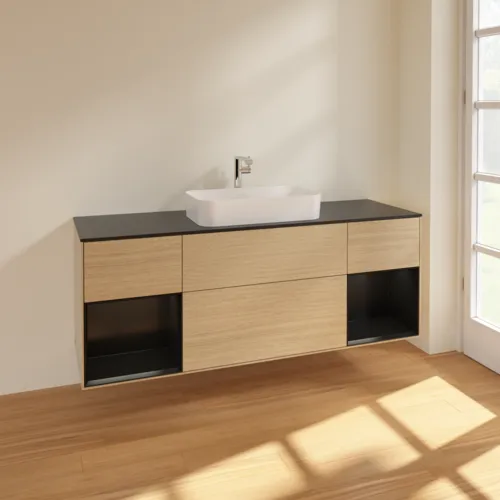 Bild von VILLEROY BOCH Finion Waschbeckenunterschrank, mit Beleuchtung, 4 Auszüge, 1600 x 603 x 501 mm, Oak Veneer / Black Matt Lacquer / Glass Black Matt #F332PDPC