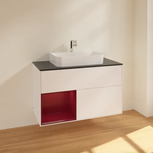 Bild von VILLEROY BOCH Finion Waschbeckenunterschrank, mit Beleuchtung, 2 Auszüge, 1000 x 603 x 501 mm, White Matt Lacquer / Peony Matt Lacquer / Glass Black Matt #F362HBMT