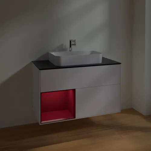 Bild von VILLEROY BOCH Finion Waschbeckenunterschrank, mit Beleuchtung, 2 Auszüge, 1000 x 603 x 501 mm, White Matt Lacquer / Peony Matt Lacquer / Glass Black Matt #F362HBMT