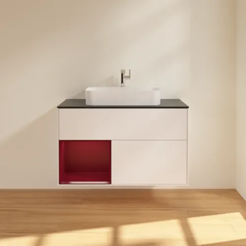 Bild von VILLEROY BOCH Finion Waschbeckenunterschrank, mit Beleuchtung, 2 Auszüge, 1000 x 603 x 501 mm, White Matt Lacquer / Peony Matt Lacquer / Glass Black Matt #F362HBMT