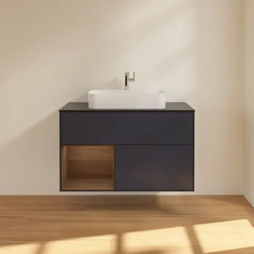 VILLEROY BOCH Finion Waschbeckenunterschrank, mit Beleuchtung, 2 Auszüge, 1000 x 603 x 501 mm, Midnight Blue Matt Lacquer / Walnut Veneer / Glass Black Matt #F362GNHG, Bild 3
