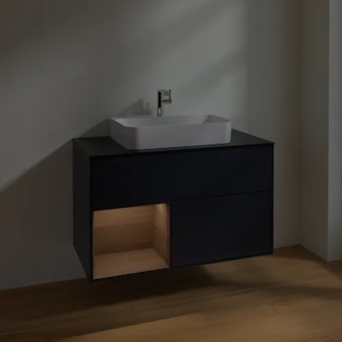 VILLEROY BOCH Finion Waschbeckenunterschrank, mit Beleuchtung, 2 Auszüge, 1000 x 603 x 501 mm, Midnight Blue Matt Lacquer / Walnut Veneer / Glass Black Matt #F362GNHG, Bild 5