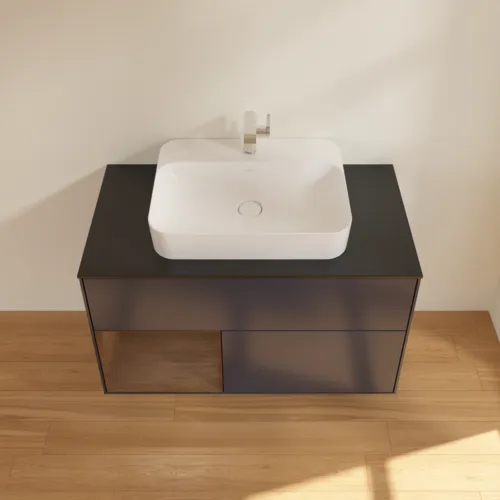 VILLEROY BOCH Finion Waschbeckenunterschrank, mit Beleuchtung, 2 Auszüge, 1000 x 603 x 501 mm, Midnight Blue Matt Lacquer / Walnut Veneer / Glass Black Matt #F362GNHG, Bild 4