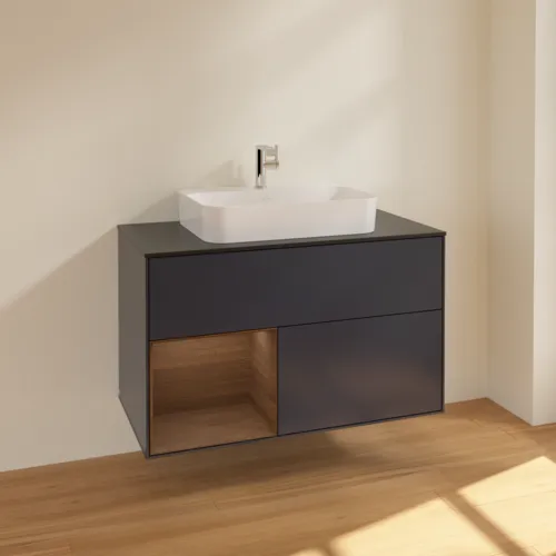 VILLEROY BOCH Finion Waschbeckenunterschrank, mit Beleuchtung, 2 Auszüge, 1000 x 603 x 501 mm, Midnight Blue Matt Lacquer / Walnut Veneer / Glass Black Matt #F362GNHG, Bild 2