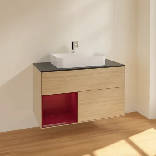 VILLEROY BOCH Finion Waschbeckenunterschrank, mit Beleuchtung, 2 Auszüge, 1000 x 603 x 501 mm, Oak Veneer / Peony Matt Lacquer / Glass Black Matt #F362HBPC, Bild 2